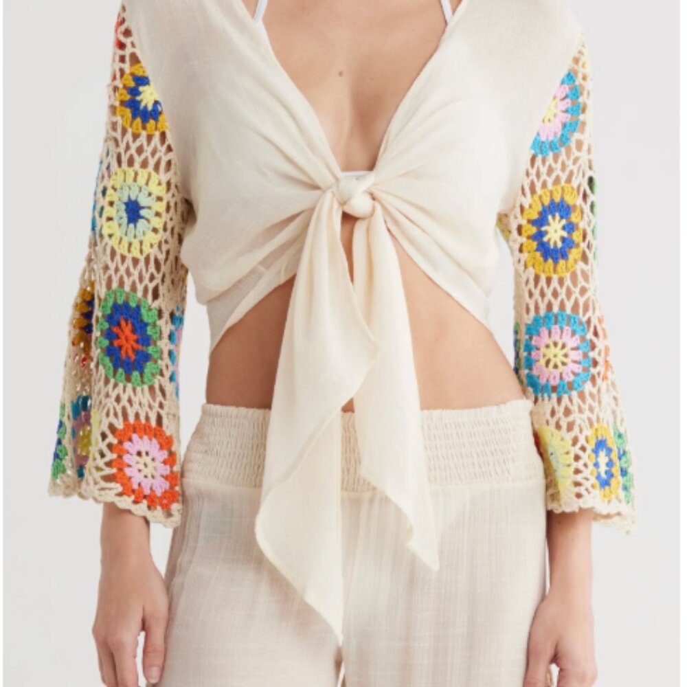 Cream Crochet Cardigan and Pants Set